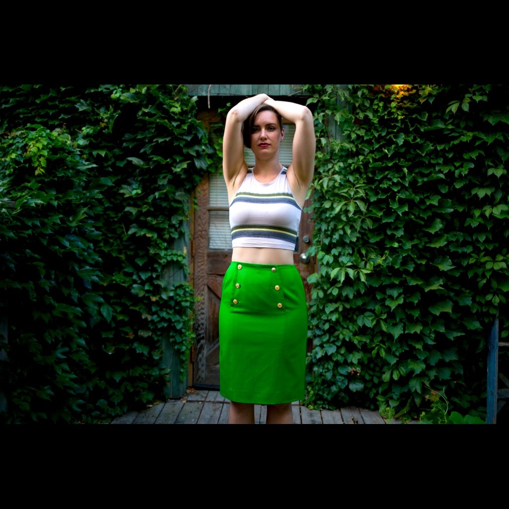 Vintage Kelly Green Celine Skirt with Gold Buttons